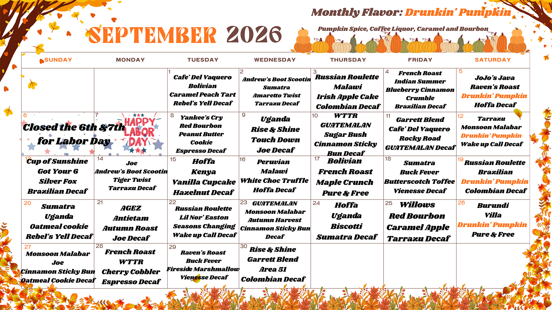 Beige Orange White Watercolor Illustrated Leaves And Flowers Sep Pork and Beans Store - September 2026 Coffee Calendar